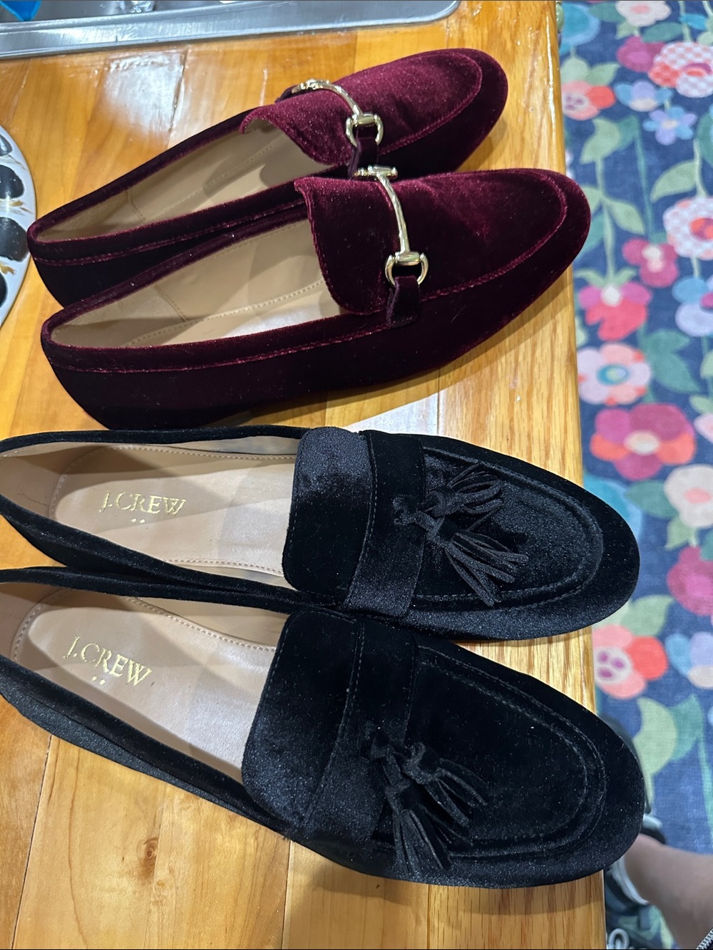 J. Crew Velvet Tassel Loafers in Burgundy and Black